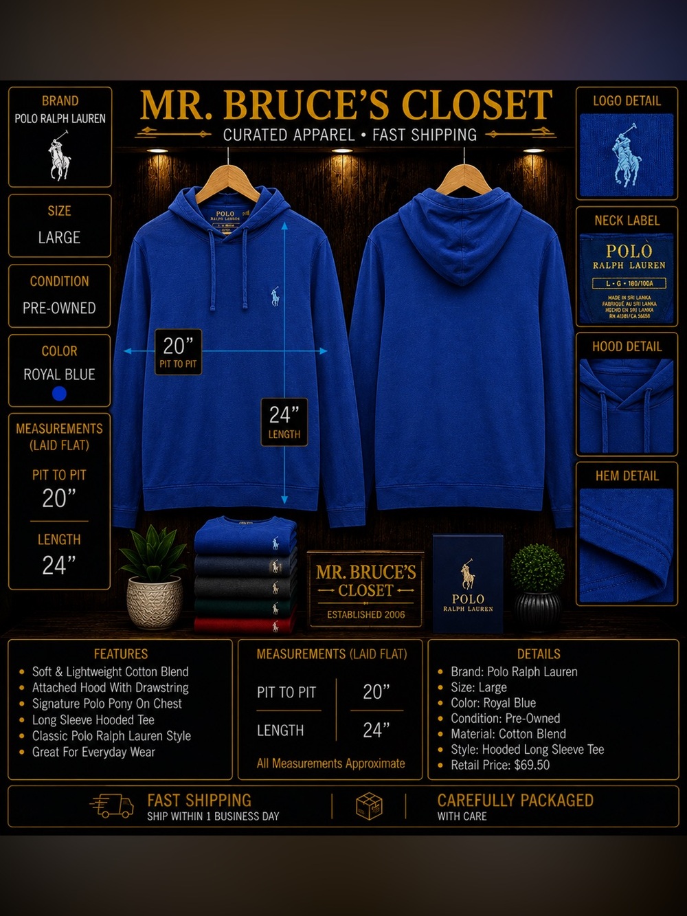 Polo Ralph Lauren Men’s Large Royal Blue Pony Hooded Long Sleeve T-Shirt